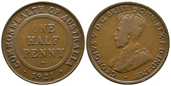 Австралия 1/2 пенни 1921 Георг V (1910-1936) KM 22 бронза 4384-157