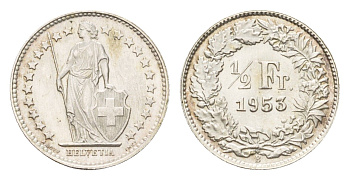 Швейцария 1/2 франка 1953 B KM 23 серебро UNC 4124-734