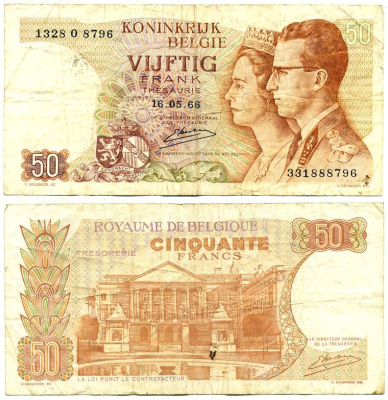 БЕЛЬГИЯ 50 ФРАНКОВ 1966 16 МАЯ 1966, ПОДПИСЬ 20, КОРОЛЬ БОДУЭН И КОРОЛЕВА ФАБИОЛА Pick 139 бумага 7146-31-3-1
