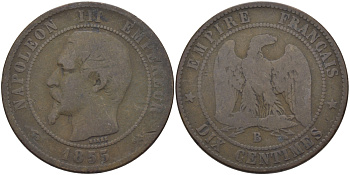 Франция 10 сантимов 1855 B, Наполеон III (1852-1870) KM 771.2, Le Franc 133.21 бронза 97-1045