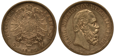 Вюртемберг 20 марок 1873 Карл J.290, KM 622 золото 00-000-00