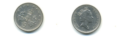 Великобритания 5 пенсов 1990 Елизавета II (1952-2022) KM 937b, Spink 4372 (D4) медно-никель 59-614