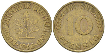ФРГ 10 ПФЕННИГОВ 1968 D KM 108, J. 383 сталь плакированная латунью 4182-756