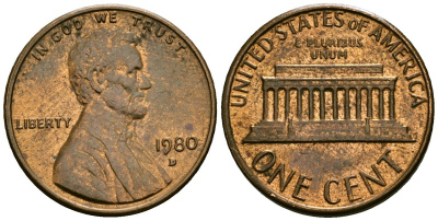 США 1 цент 1980 D, Авраам Линкольн KM 201 медь цинк 4136-168