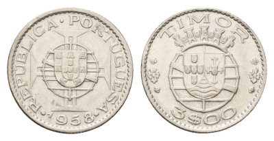 Португальский Тимор 3 эскудо 1958 год-тип KM 14 серебро 4669-812