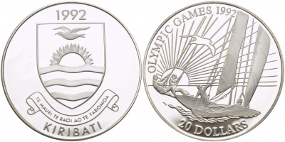 Кирибати 20 долларов 1992 XXV Олимпийские игры в Барселоне 1992 года, регата, яхта KM 17 серебро PROOF 11-090-21