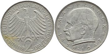 ФРГ 2 марки 1958 J, Макс Планк KM 116, J. 392 медно-никель плакированный никелем 85-1026