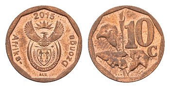 ЮАР 10 центов 2015 герб, цветок алоэ сталь плакированная бронзой UNC 4687-529
