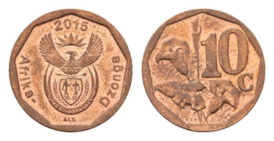 ЮАР 10 центов 2015 герб, цветок алоэ сталь плакированная бронзой UNC 4687-529