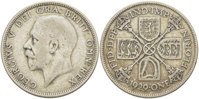 Великобритания 2 шиллинга = 1 флорин 1929 Георг V (1910-1936) KM 834, Spink 4038 серебро 4610-1023