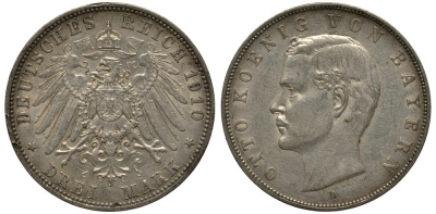 Бавария 3 марки 1910 Отто (1886-1913) Weege 45, J. 47, KM 515 серебро 3711-1935