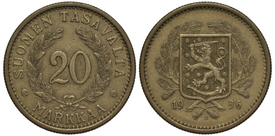 Финляндия 20 марок 1936 S KM 32 алюминиевая бронза 4389-116