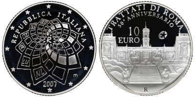 Италия 10 евро 2007 50 лет Римскому договору KM 295 серебро PROOF 2-4-2-23