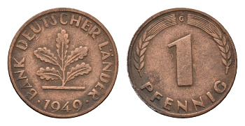 ФРГ 1 пфенниг 1949 G KM A101, J. 376 сталь плакированная медью 4685-347