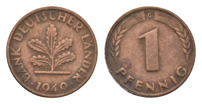 ФРГ 1 пфенниг 1949 G KM A101, J. 376 сталь плакированная медью 4685-347