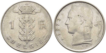 БЕЛЬГИЯ 1 ФРАНК 1973 BELGIE, БОДУЭН I (1951-1993) KM 143.1 медно-никель 119-621