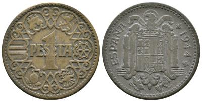 ИСПАНИЯ 1 ПЕСЕТА 1944 НАЦИОНАЛЬНОЕ ПРАВИТЕЛЬСТВО (1939-1947) KM 767 алюминиевая бронза 08-1132