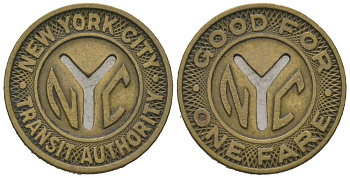 США, Нью-Йорк 1 тариф (fare) ND (1953-1970) управление транзита города Нью-Йорка, диаметр 16 мм, вес 1,69 гр AC NY 630 AO, TC?109007 латунь 116-853