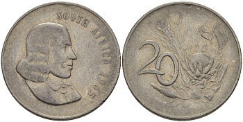 ЮАР 20 ЦЕНТОВ 1965 SOUTH, ЯН ВАН РИБЕК (1619-1677), ГОЛАНДСКИЙ ИССЛЕДОВАТЕЛЬ , МОРЕПЛАВАТЕЛЬ, ОСНОВАТЕЛЬ Г. КЕЙПТАУНА, ЦВЕТОК ПРОТЕЯ, АНГЛИЙСКАЯ ЛЕГЕНДА KM 69.1 никель 67-427