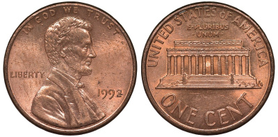 США 1 цент 1992 Линкольн KM 201b цинк плакированный медью 4122-227