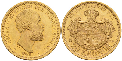 Швеция 20 крон 1889 EB, Оскар II (1872-1907) король Швеции и Норвегии KM 748 золото 00-000-00