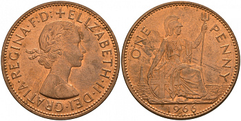 Великобритания 1 пенни 1966 Елизавета II (1952-2022) KM 897, Spink 4157 бронза UNC M7-09