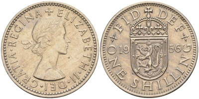 Великобритания 1 шиллинг 1956 Елизавета II (1952-2022), Шотландский герб KM 905, Spink 4148 медно-никель 4153-931