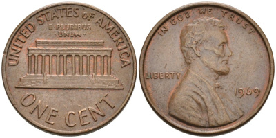 США 1 цент 1969 Линкольн KM 201 медь цинк 4564-449