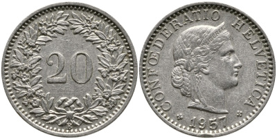 Швейцария 20 раппенов 1957 В KM 29а медно-никель 4539-556