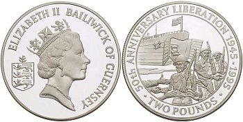 Гернси 2 фунта 1995 50 лет освобождения Нормандских островов, ПИФОРТ,  в оригинальной коробке, с сертификатом, вес 56,56 гр. KM 61b серебро  PROOF  6-5-3-26