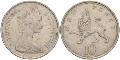 Великобритания 10 пенсов 1969 Елизавета II (1952-2022) KM 912, Spink 4231 (F1) медно-никель 4557-1041