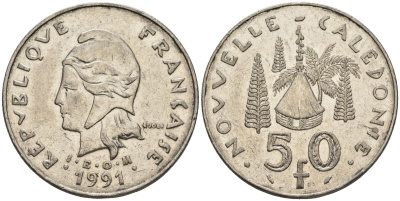 Французская Новая Каледония 50 франков 1991 хижина среди сосен и пальм, (IEOM) KM 13, Schoen 15, Lec 121 никель 4120-1211