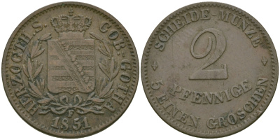 Саксен-Кобург и Гота 2 пфеннига 1851 F KM 110 медь 99-741