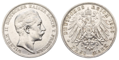 Пруссия 3 марки 1909 A, Вильгельм II (1888-1918) KM 527, J. 103 серебро 1529-1344