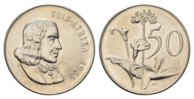 ЮАР 50 центов 1966 Ян ван Рибек (1619-1677), Suid Africa, легенда на африкаанс, Зантедеския Эллиота (калла) KM 70.2 никель UNC 4693-325