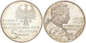 ФРГ 5 марок 1974 D, 250 лет со дня рождения Иммануила Канта KM 139 серебро PROOF 02-265-57