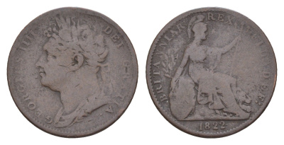 Великобритания 1 фартинг 1822 Георг IV (1820-1830) KM 677, Spink 3822 бронза 4658-867
