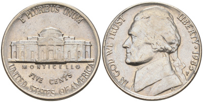 США 5 ЦЕНТОВ 1985 P, ДЖЕФФЕРСОН KM A192 медно-никель 190-211