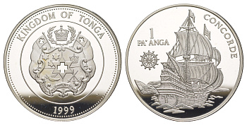 Тонга 1 паанга 1999 Парусное судно Конкорд KM 210 серебро 1091-7-41