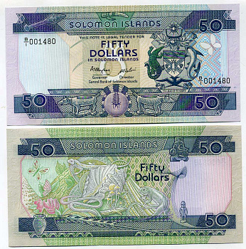 Соломоновы острова 50 долларов 1986 Pick 17а бумага UNC (пресс) 449-14-3