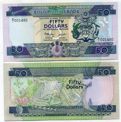 Соломоновы острова 50 долларов 1986 Pick 17а бумага UNC (пресс) 449-14-3