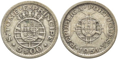 Португальское Сан-Томе и Принсипи 5 эскудо 1951 год тип KM 13 серебро 413-2043
