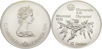 Канада 10 долларов 1974 XXI летние Олимпийские игры в Монреале 1976 года, лякросс KM 96 серебро UNC 01-172-22