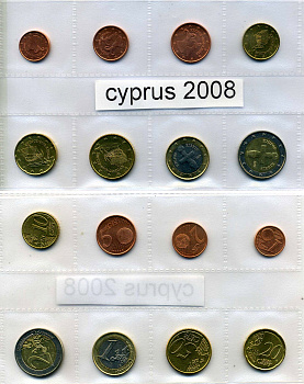 Кипр евронабор из 8 монет 2008 1, 2, 5, 10, 20, 50 евроцентов, 1, 2 евро биметалл UNC 966-2-1