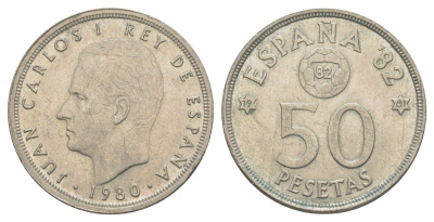 Испания 50 песет 1980 (81) чемпионат мира по футболу в Испании 1982 года, Хуан Карлос I (1975-2014) KM 819 медно-никель 4645-822