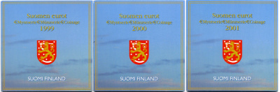 Финляндия набор из 3 евронаборов по 8 монет в каждом 1999, 2000, 2001 официальный набор в оригинальном буклете UNC 7-4-1-22