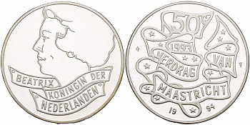 Нидерланды 50 гульденов 1994 Маастрихтский договор KM 217 серебро PROOF 1088-7-41
