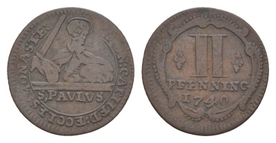 Мюнстер 2 пфеннига 1740 Монетный двор кафедрального капитула KM 436 медь 633-1041