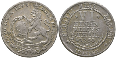Гессен-Кассель 1/6 талера 1766 FU, Фридрих II (1760-1785), Щит с монограммой стоит рядом со львом, дата под номиналом KM 479 серебро 4525-151