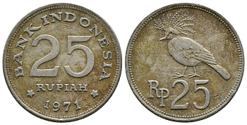 Индонезия 25 рупий 1971 венценосный голубь KM 34 медно-никель 89-552